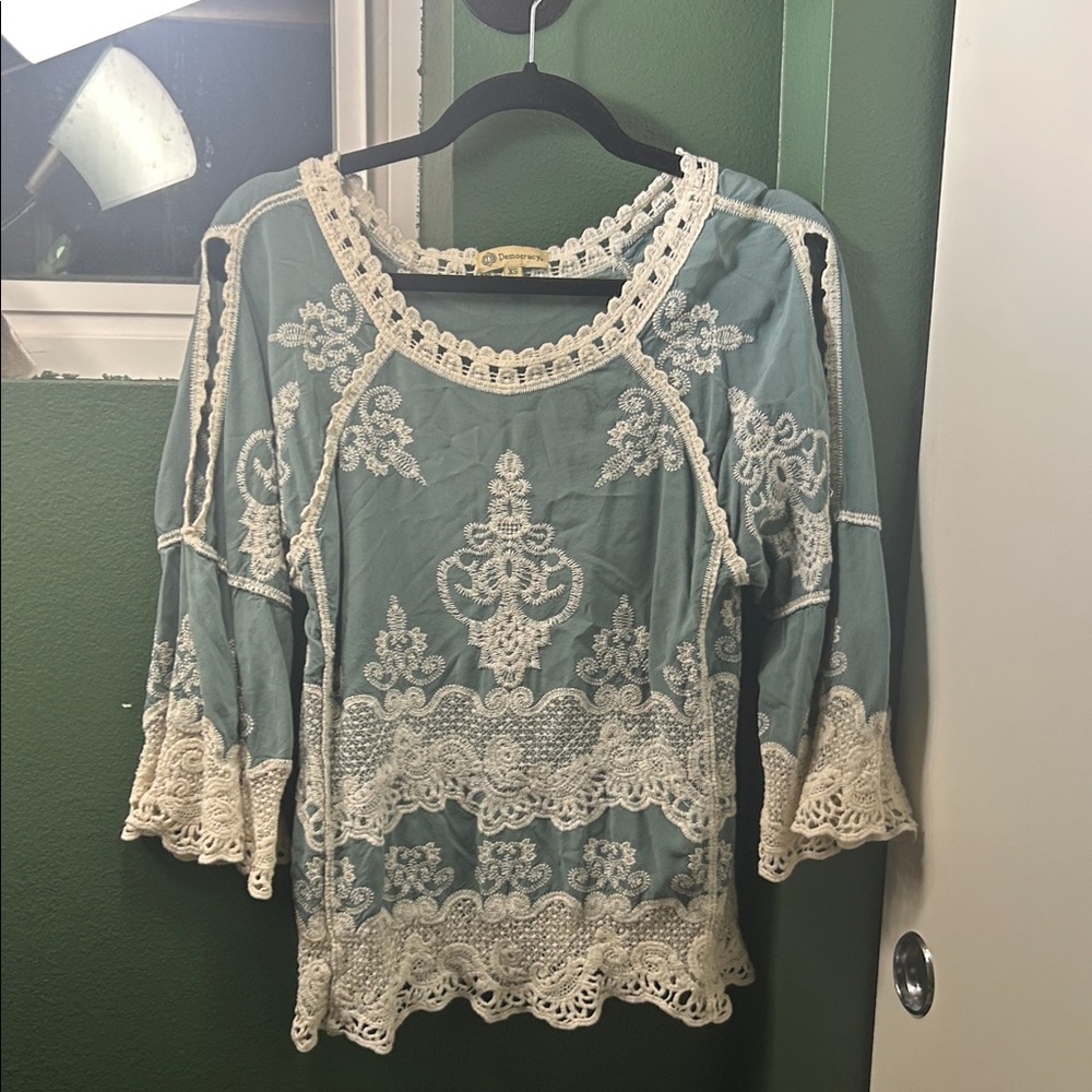 Democracy Blue and Cream Embroidered Blouse